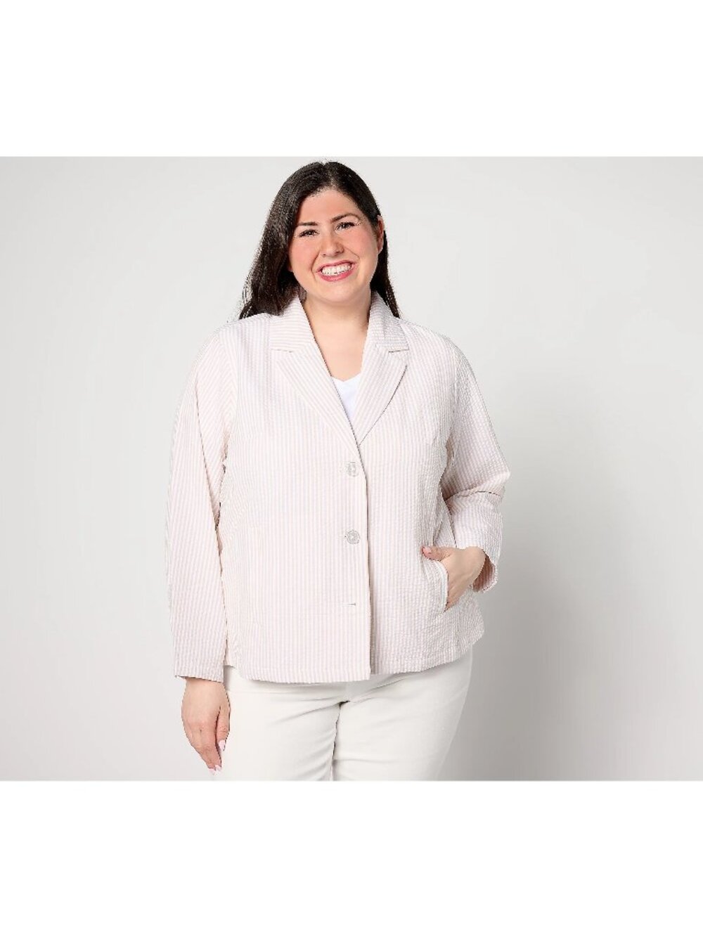 Joan Rivers Blazer Jacket XL Woven Seersucker Latte White Officewear Neutral NEW